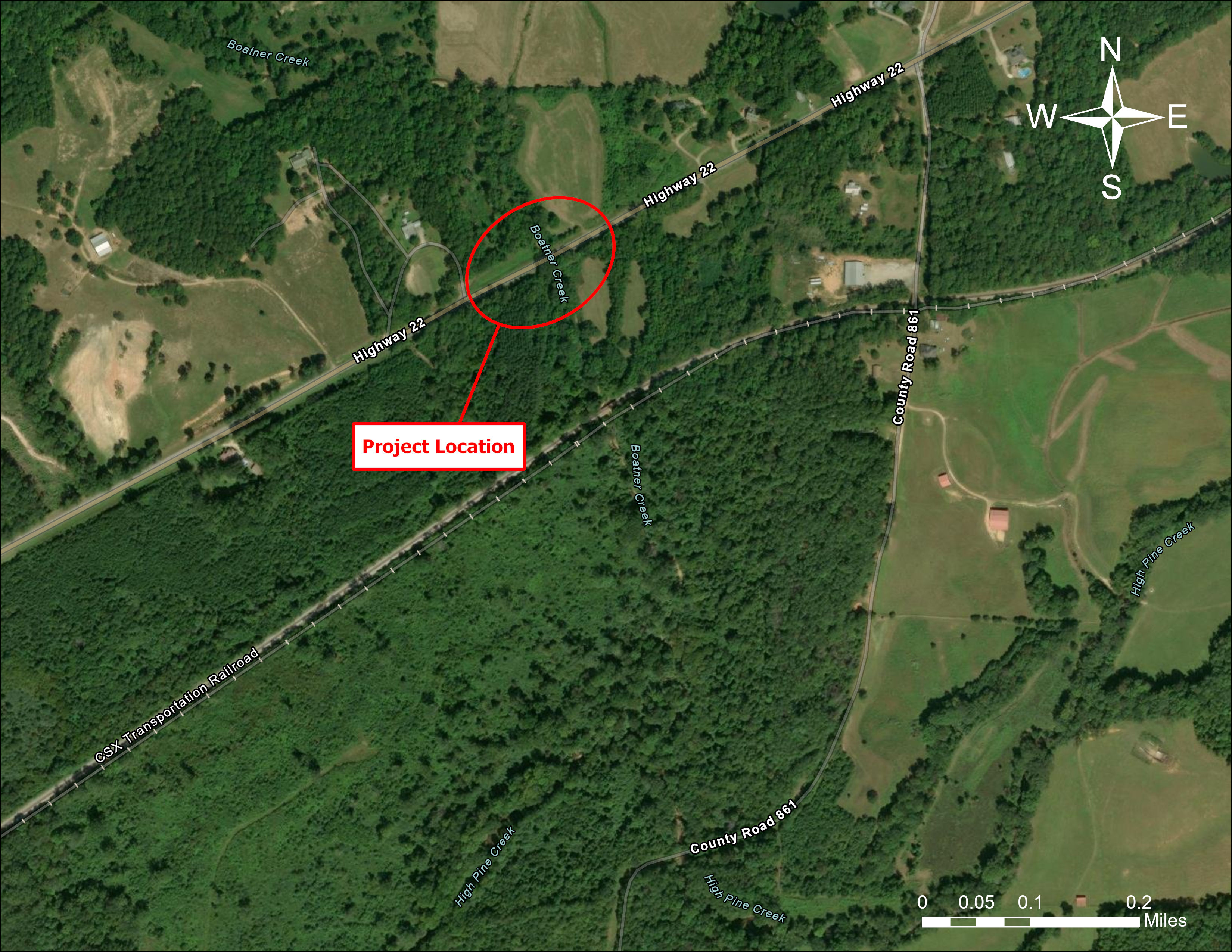 A map showing the vicinity of the proposed bridge replacement. The project is located along AL-22 in south Randolph County.
